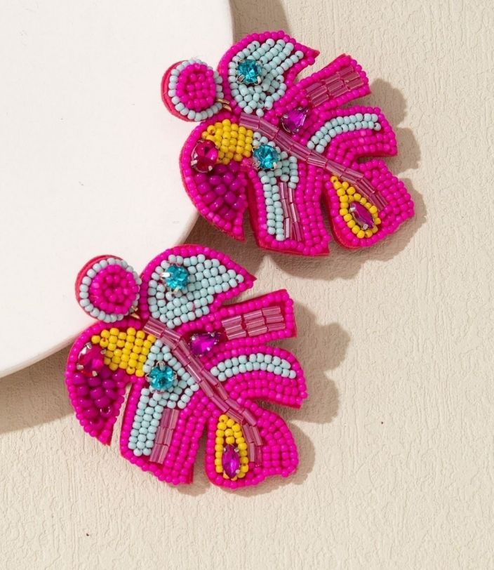 Handcrafted Embroidery Design, Beaded Palm Leaf Crystal Stud Earring