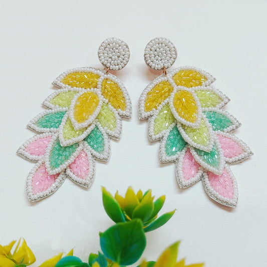 Handmade Embroidery Design Glass Beaded Luxury Statement Designer Leaf Earring