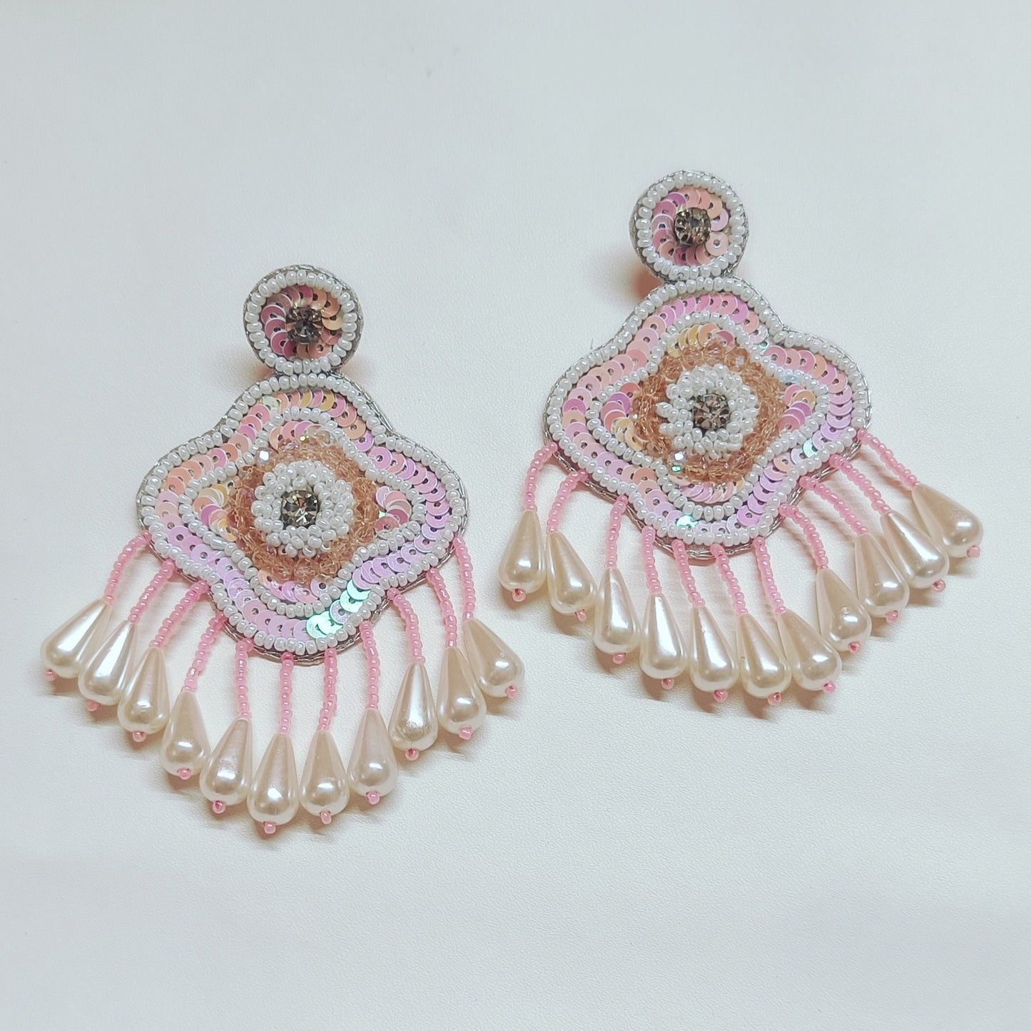 Handmade Embroidery Design Pearl & Glass Beaded Luxury Statement Earring