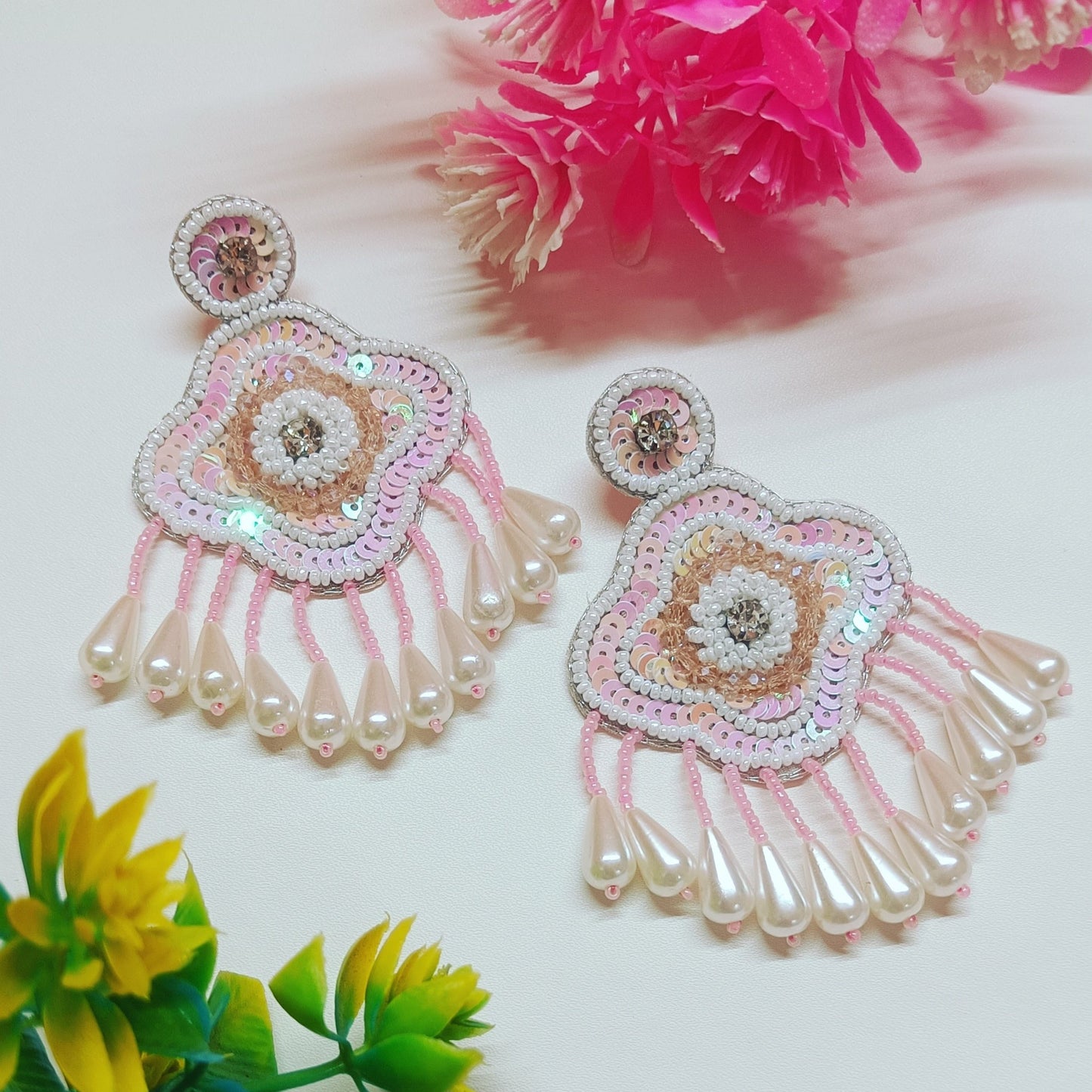 Handmade Embroidery Design Pearl & Glass Beaded Luxury Statement Earring