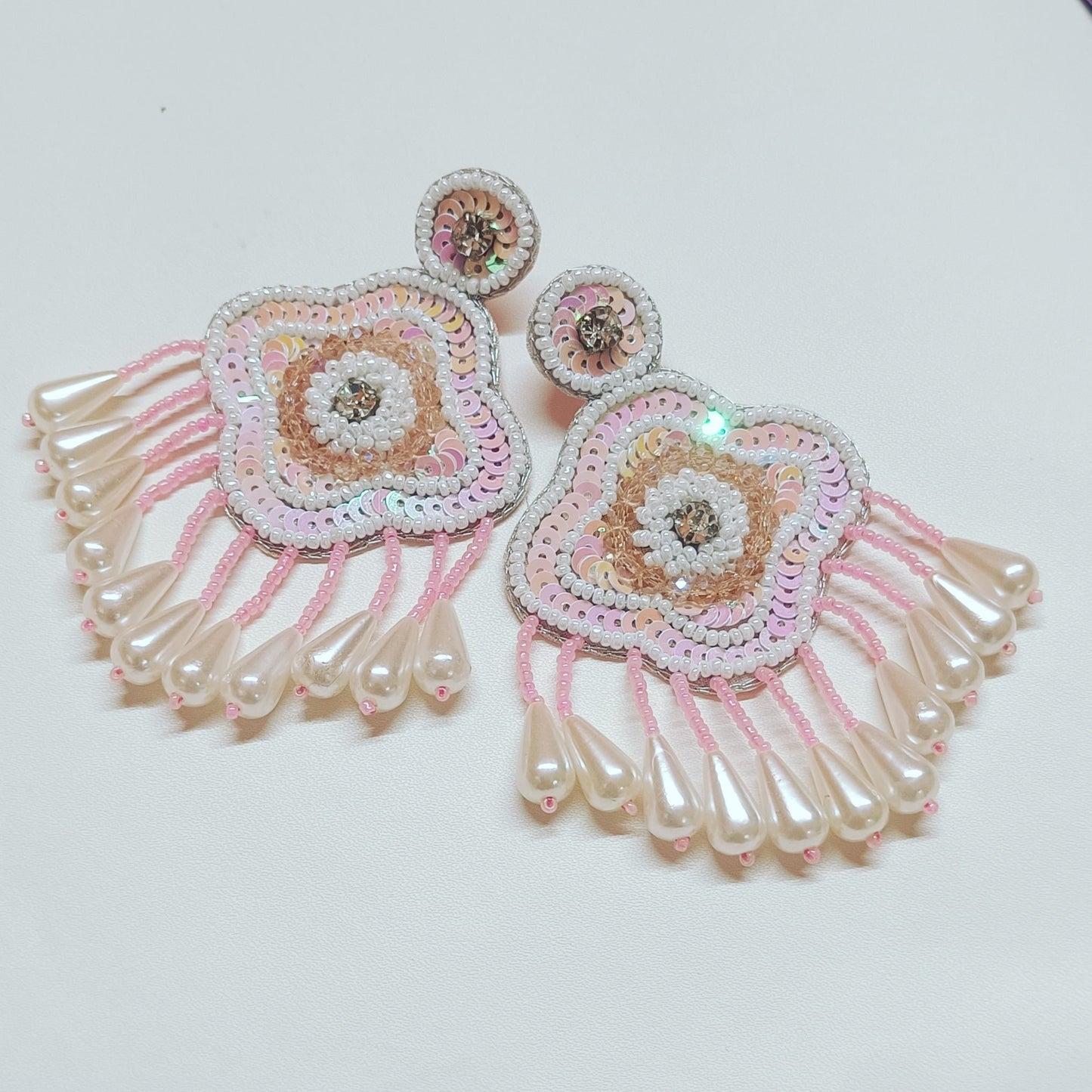 Handmade Embroidery Design Pearl & Glass Beaded Luxury Statement Earring