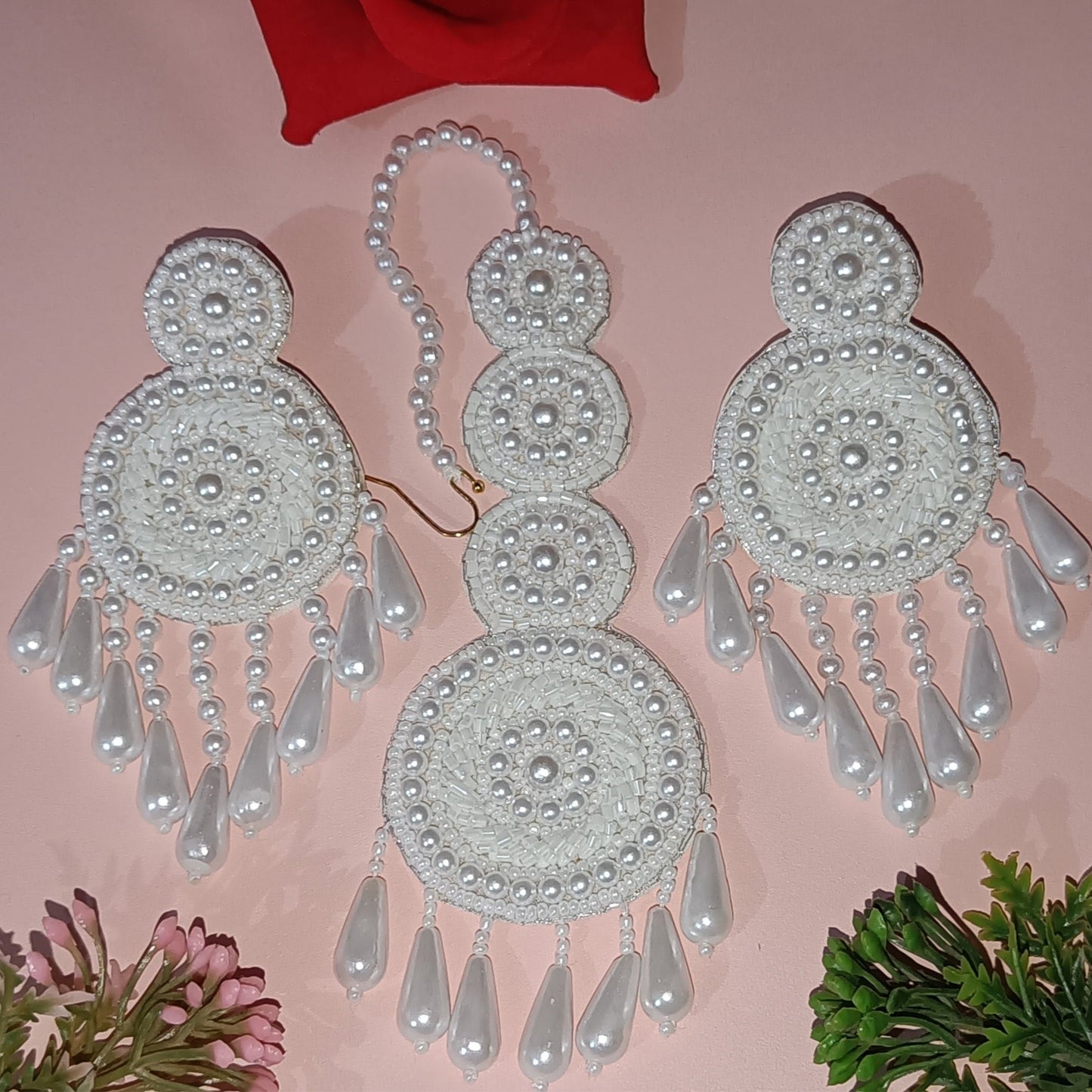 Handmade Embroidery Design, Pearl Beaded Traditional Earring Tikka Set for Weddings & Bridal Wears