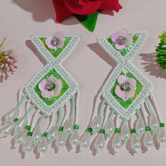 Handmade Embroidery Design Pearl & Glass Beaded Luxury Statement Large Size Stud Earring