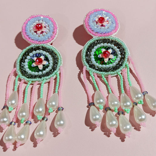 Handmade Embroidery Design Pearl & Glass Beaded Luxury Statement Trending Earring