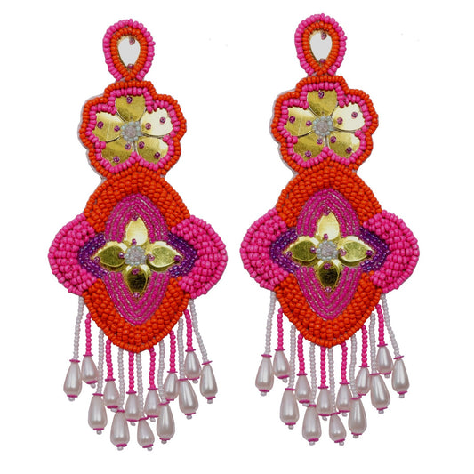 Handmade Embroidery Design Pearl & Glass Beaded Luxury Statement Long Size Stud Earring