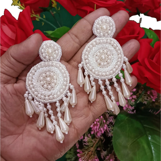 Handmade Embroidery Design White Pearl Beaded Tending Statement Earring