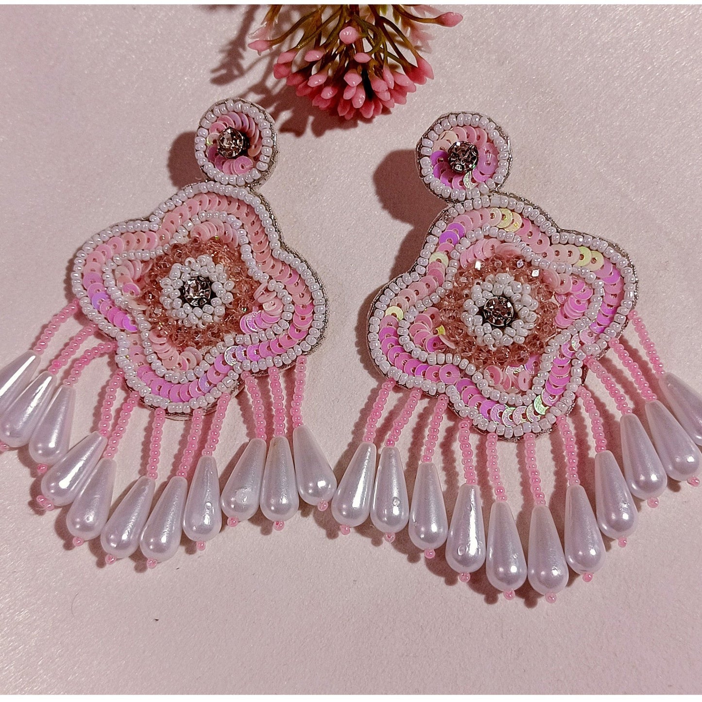 Handmade Embroidery Design, Pearl Beaded Crystal Earring Tikka Set for Wedding Wear