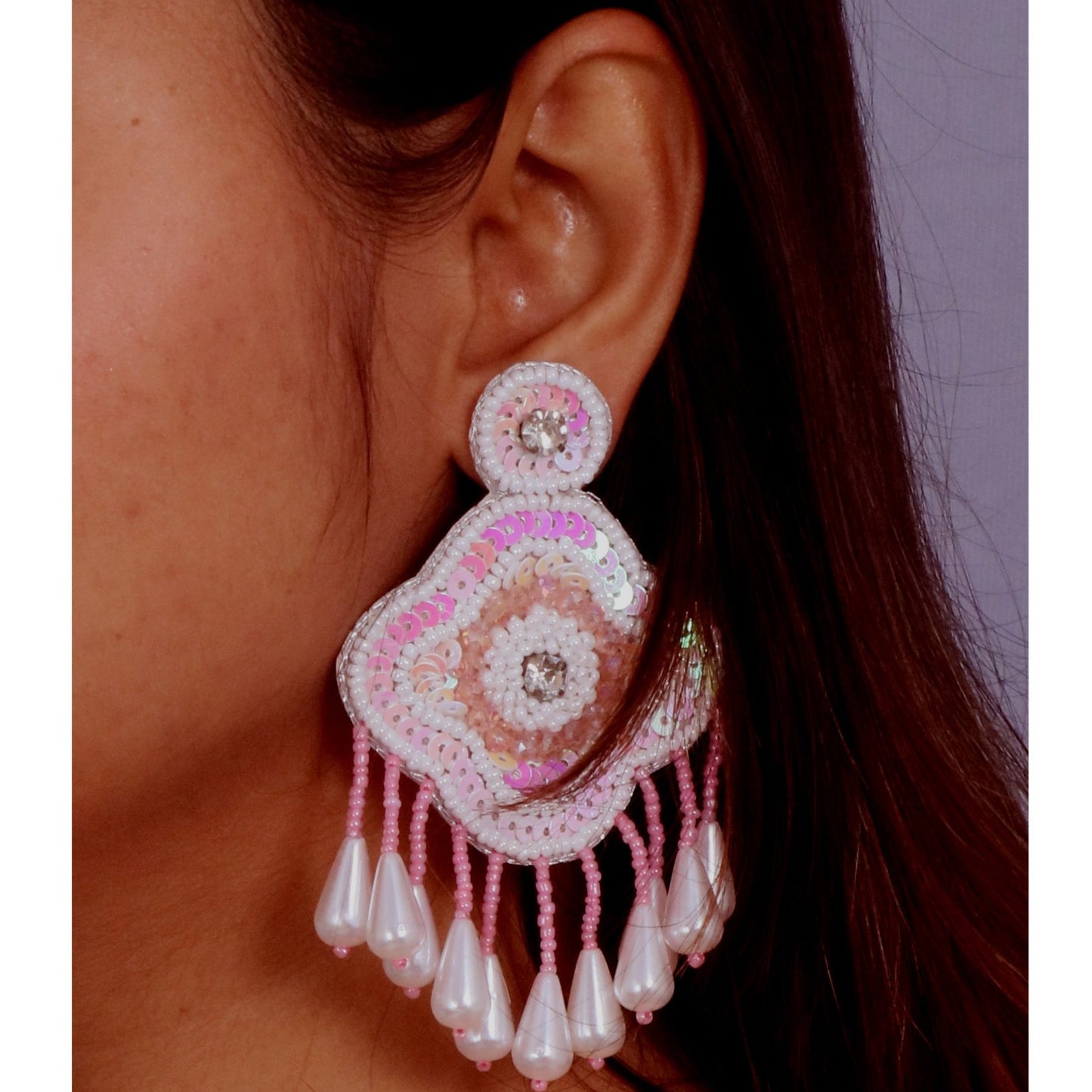 Handmade Embroidery Design, Pearl Beaded Crystal Earring Tikka Set for Wedding Wear