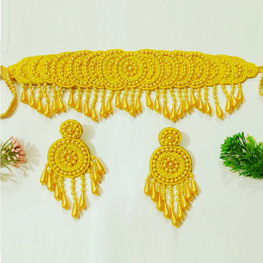 Handmade Embroidery Design Yellow Pearl Beaded Choker Necklace Set for Women