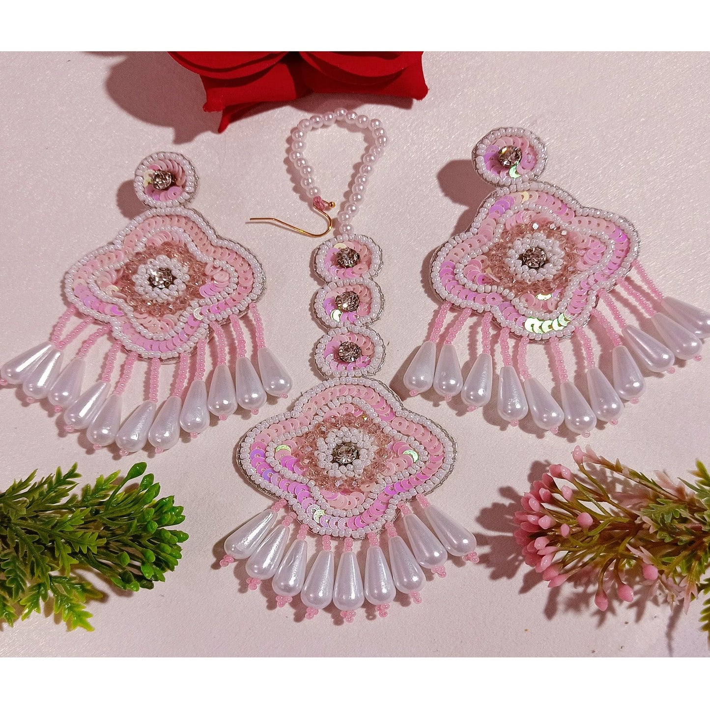 Handmade Embroidery Design, Pearl Beaded Crystal Earring Tikka Set for Wedding Wear