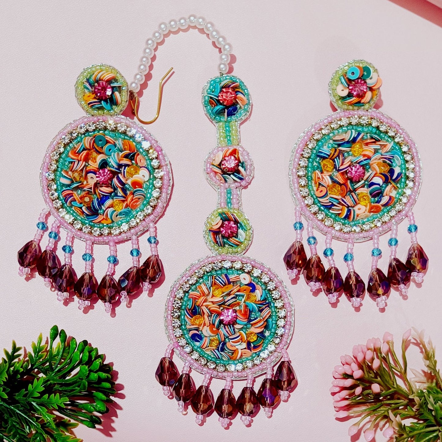 Handmade Embroidery Design, Pearl Beaded  Luxury Crystal Statement & Tikka Set